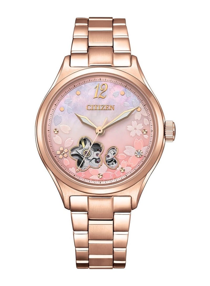 CITIZEN Limited Edition Mechanical Women’s Watch PC1017-88Y, 34mm Open Heart Pink Dial, Gold-Tone Stainless Steel Case & Bracelet, 100 m WR - Image 2